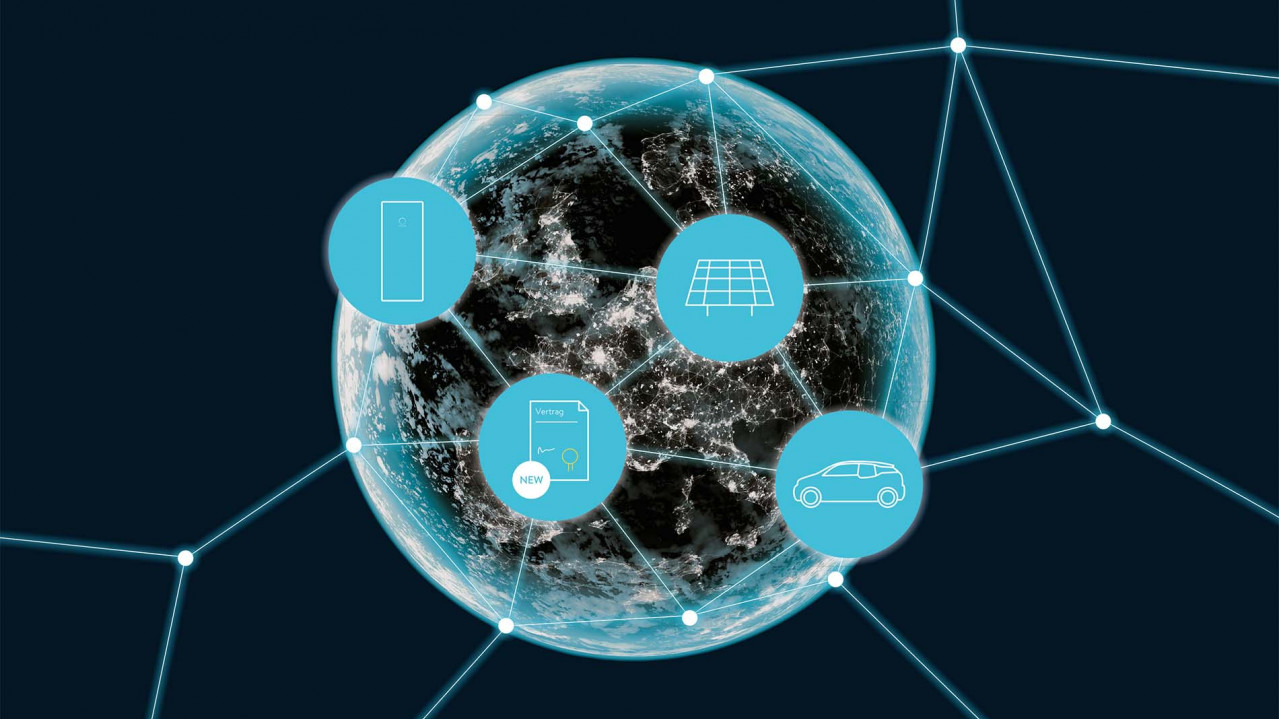 Keyvisual zu dem sonnen Event im November 2019. Ein Globus mit blauen Störern mit den Produkten von sonnen.