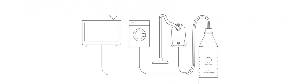 Illustratie van een sonnenBatterij als waterfles die verschillende huishoudelijke apparaten van stroom voorziet