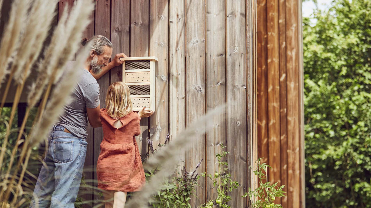 Man and child standing by an insect hotel. The hotel is attached to a wooden house. View into the garden.