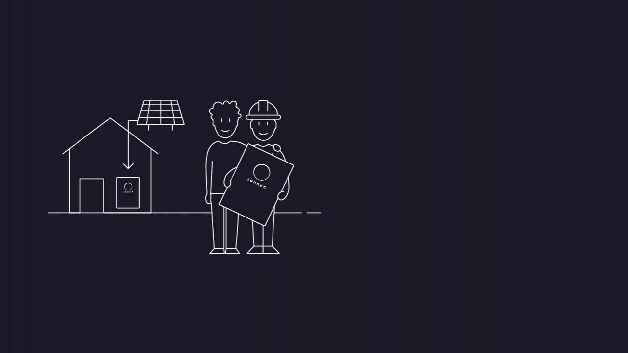 Iconos blancos con un compañero y una casa con sistema fotovoltaico al fondo