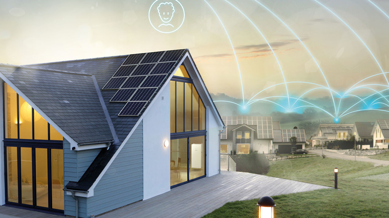 casas iluminadas por la mañana, conectadas por el solBaterías