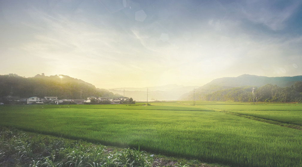 Sonnenaufgang auf einem Feld mit Bergen und kleinen H&auml;usern im Hintergrund.