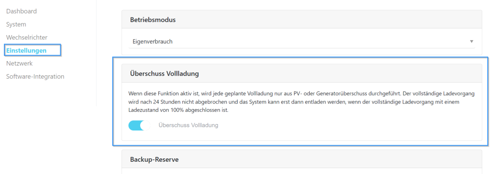 Software-Update 1.14.5. &Uuml;berschussvollladung Dashboard